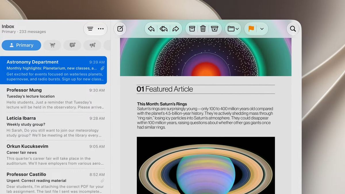 Mac Mail window showing refined Liquid Glass controls and a cleaner sidebar layout