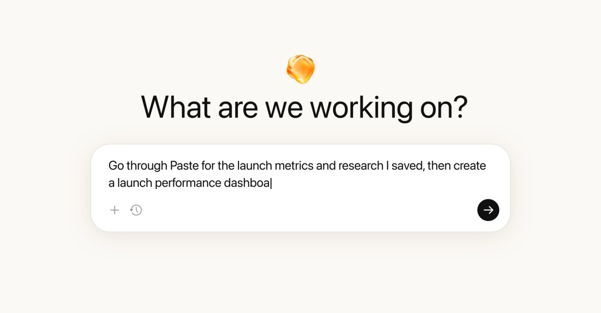 Hero with the heading 'What are we working on?' and a rounded white task card showing a sample action about launching metrics and a dashboard, with a right-side arrow button.