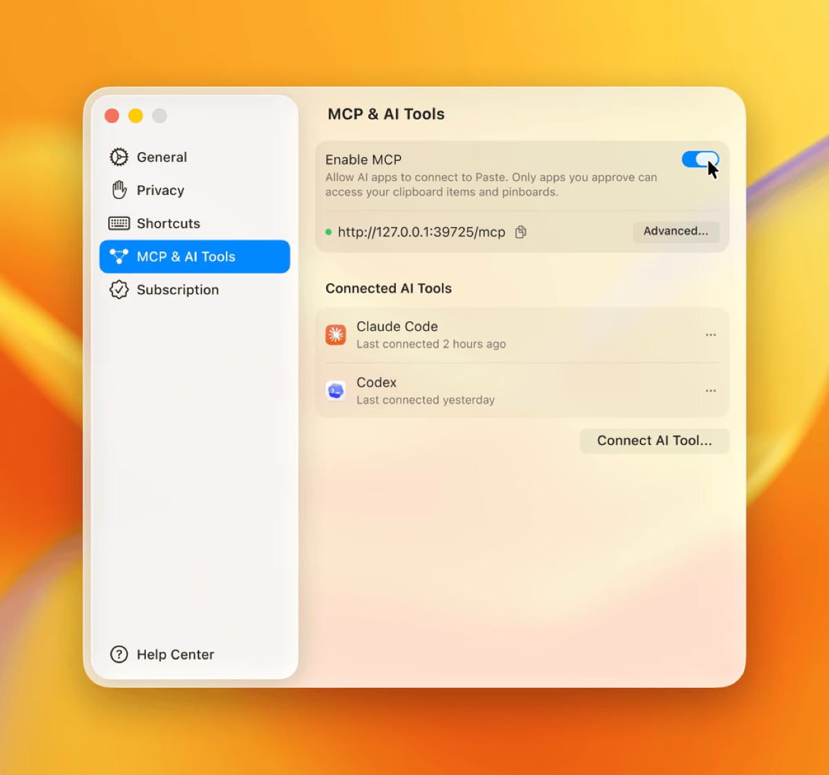 Paste MCP and AI Tools settings screen showing connected AI tools on Mac