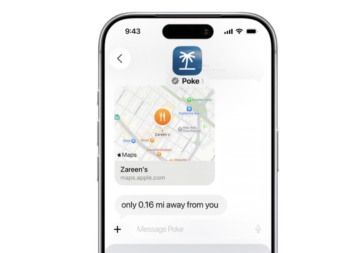 Poke AI assistant message showing Apple Messages link preview style