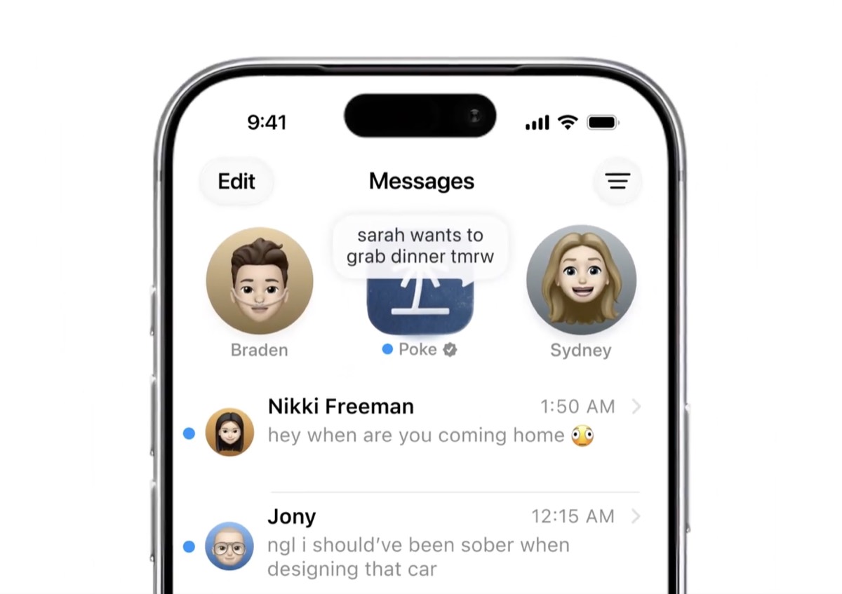Poke AI assistant shown as a verified contact inside Apple Messages
