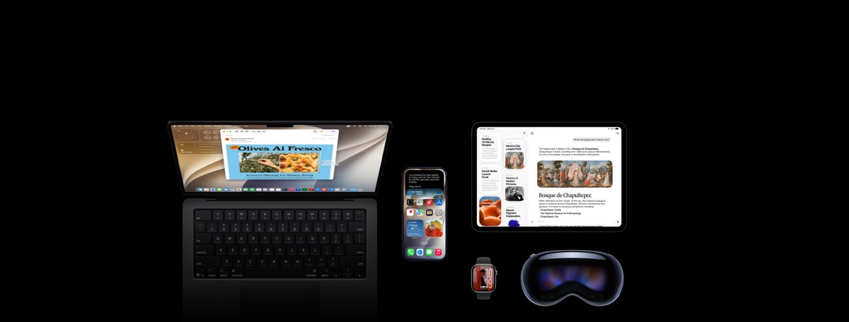 Apple devices showing new software features across iPhone, Mac, iPad, Apple Watch, and Vision Pro