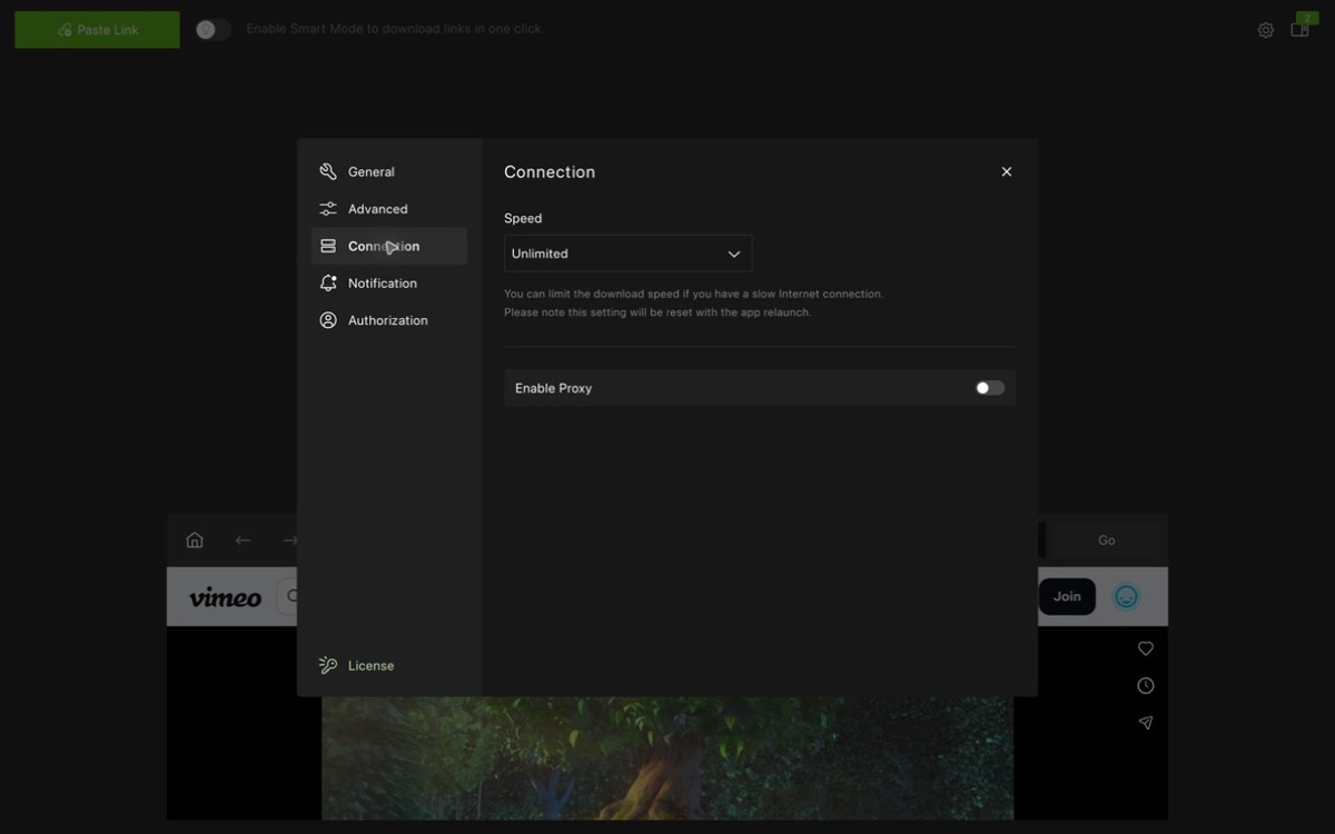 Connection speed and proxy settings in 4K Video Downloader Plus