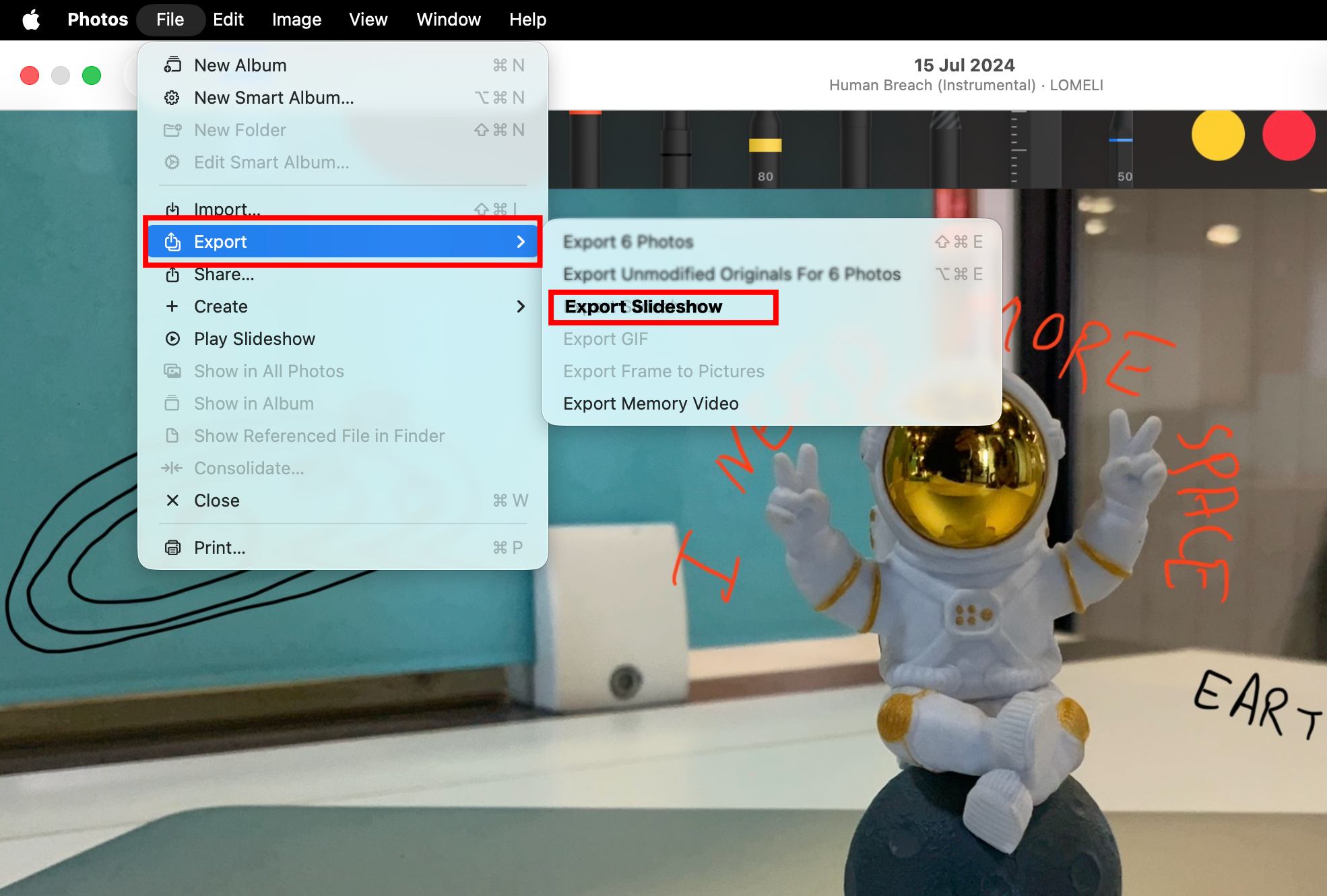Click File and select Export then Export Slideshow Video from the menu bar