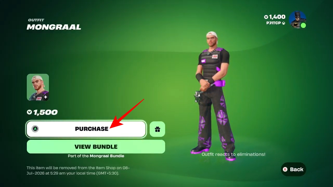 Confirming the purchase of the Mongraal skin
