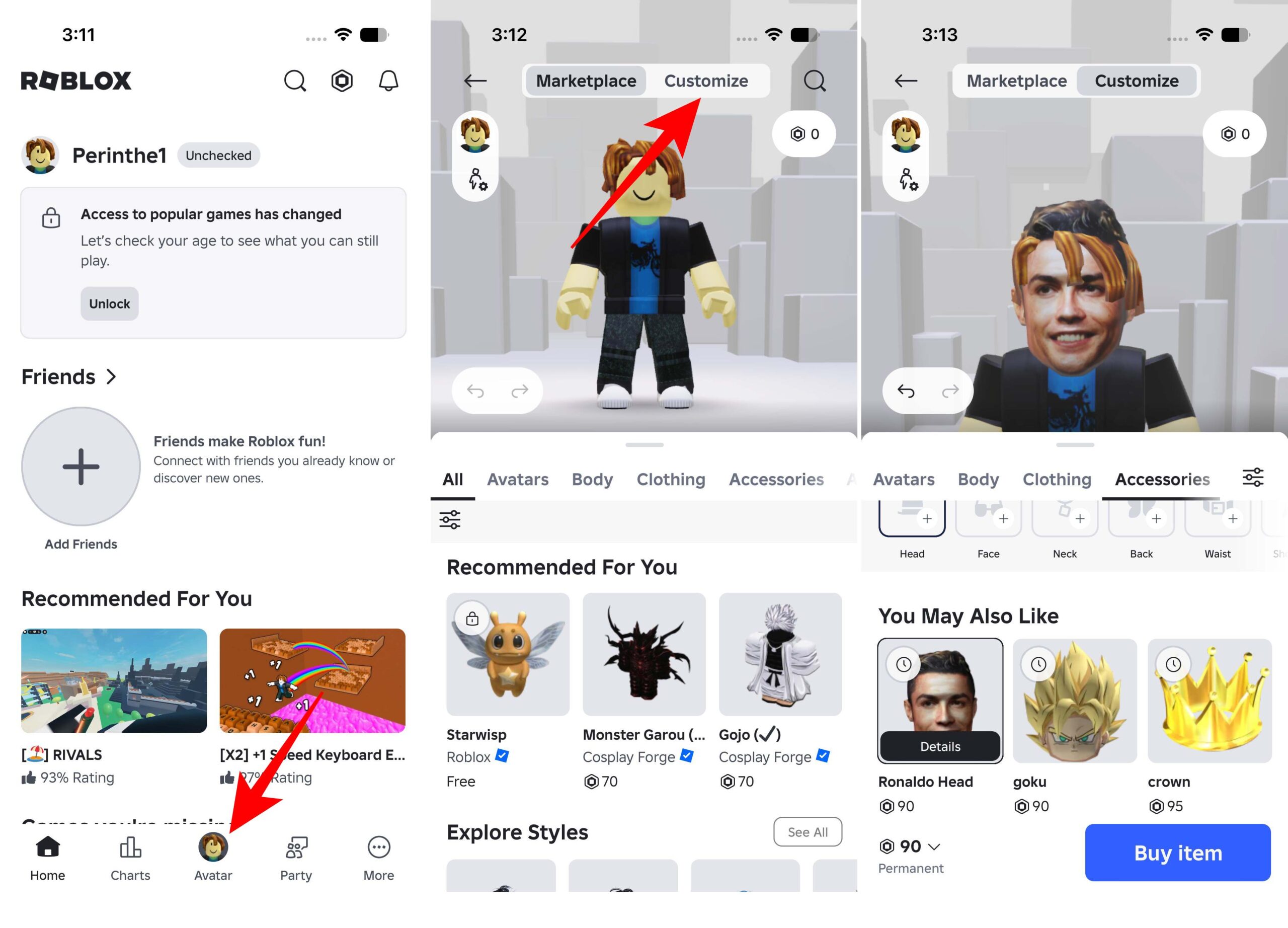Customize your Roblox avatar on mobile