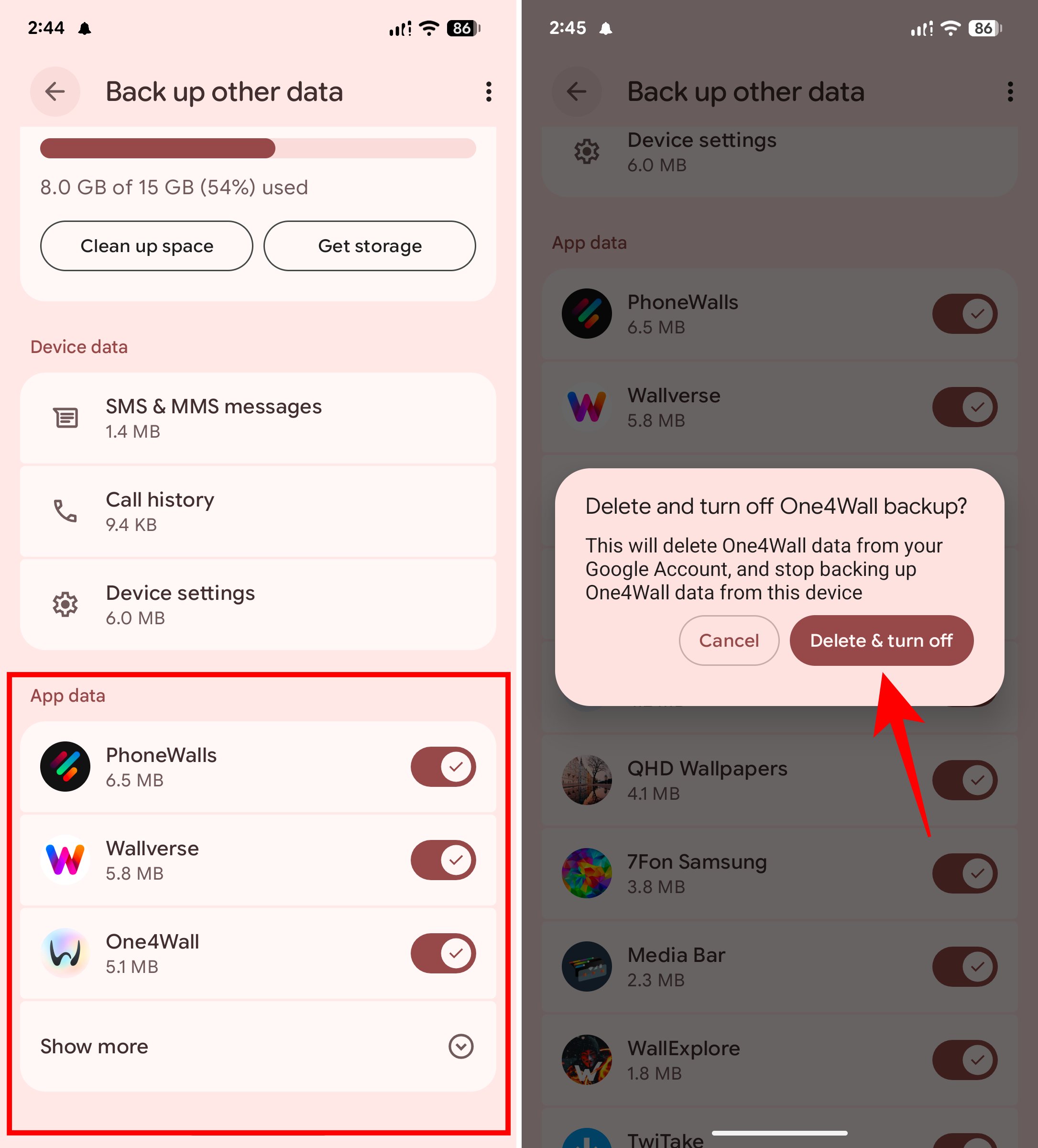 Delete and turn off apps backed up