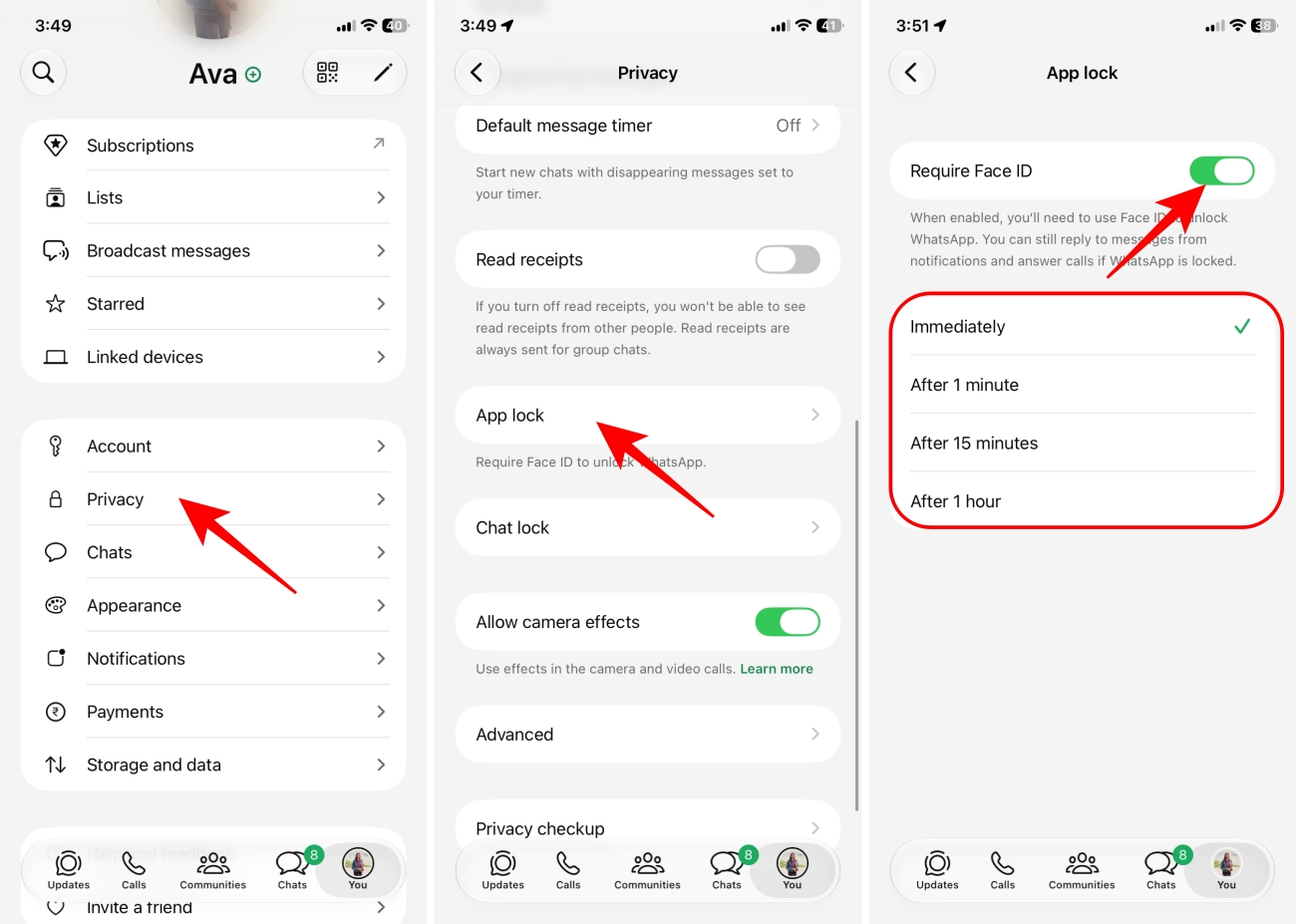 Enable WhatsApp app lock on iPhone