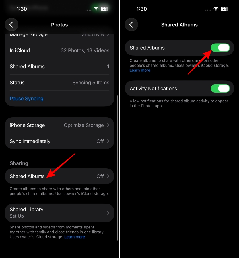 Enabling Shared Albums in iCloud Photos settings