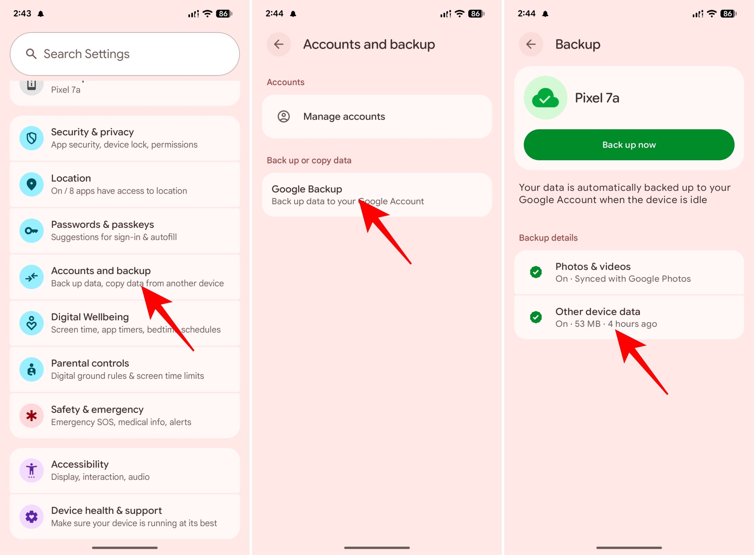 Navigating to google cloud backup settings