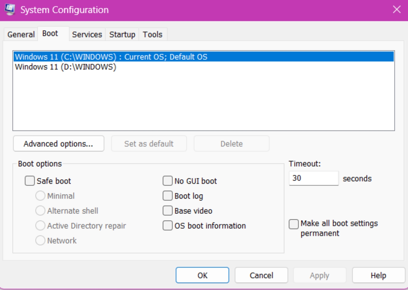 Opening System Configuration and the Boot tab in Windows