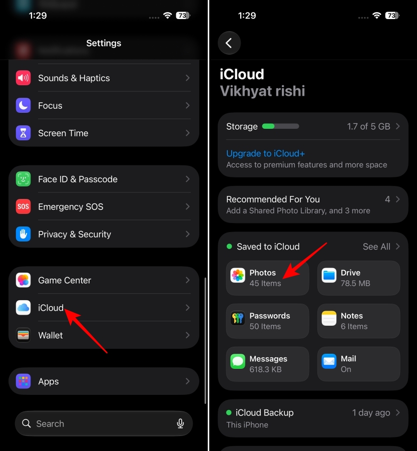 Opening iCloud Photos settings on iPhone