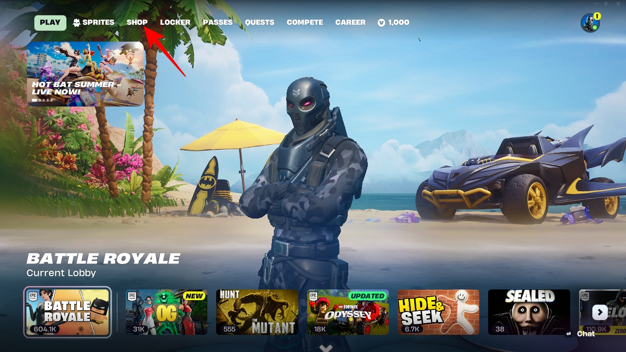 Opening the Shop tab in Fortnite
