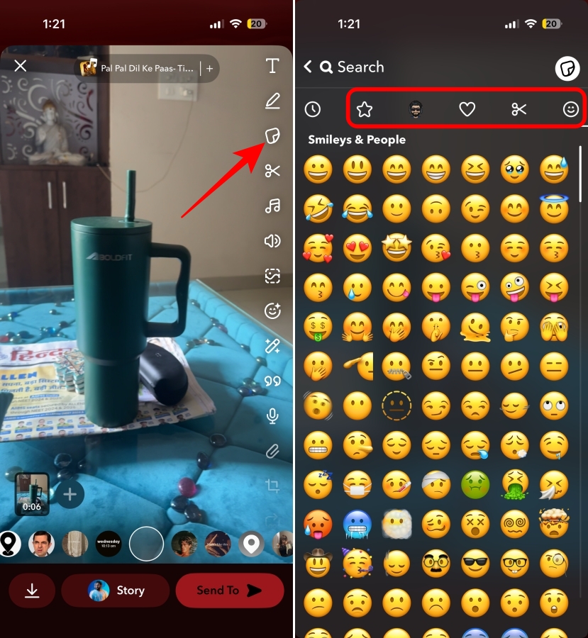 Recording a Snapchat video and opening the Stickers menu