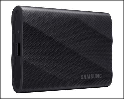 Samsung portable external hard drive with textured black casing and diagonal pattern.