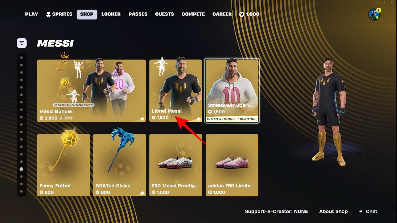 Selecting a Messi skin from the Icons section in the Fortnite Shop