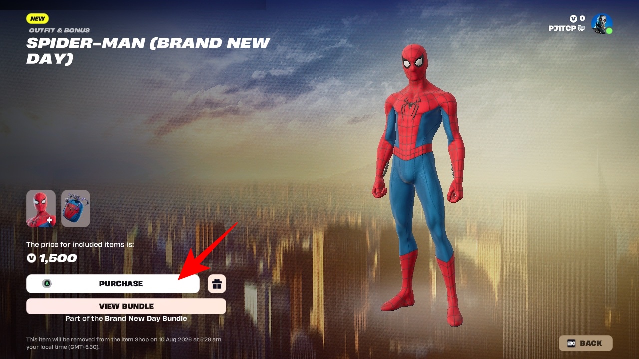 Spider-man skin purchase screen Fortnite