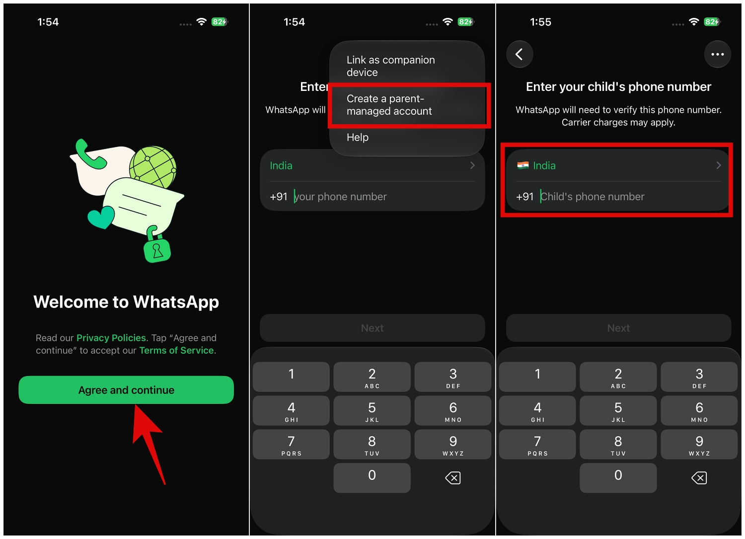 Start the setup on your child's phone on WhatsApp