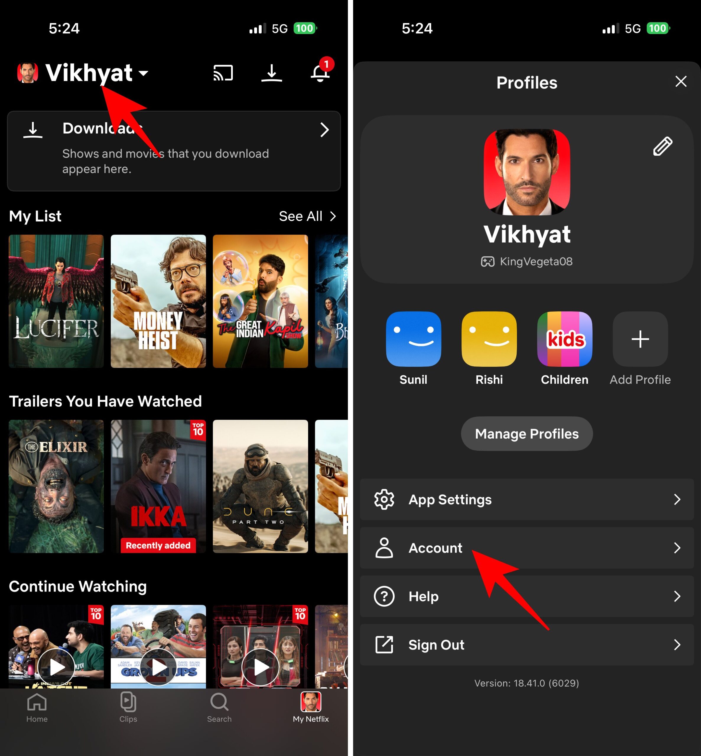 Tap your profile name and tap Account