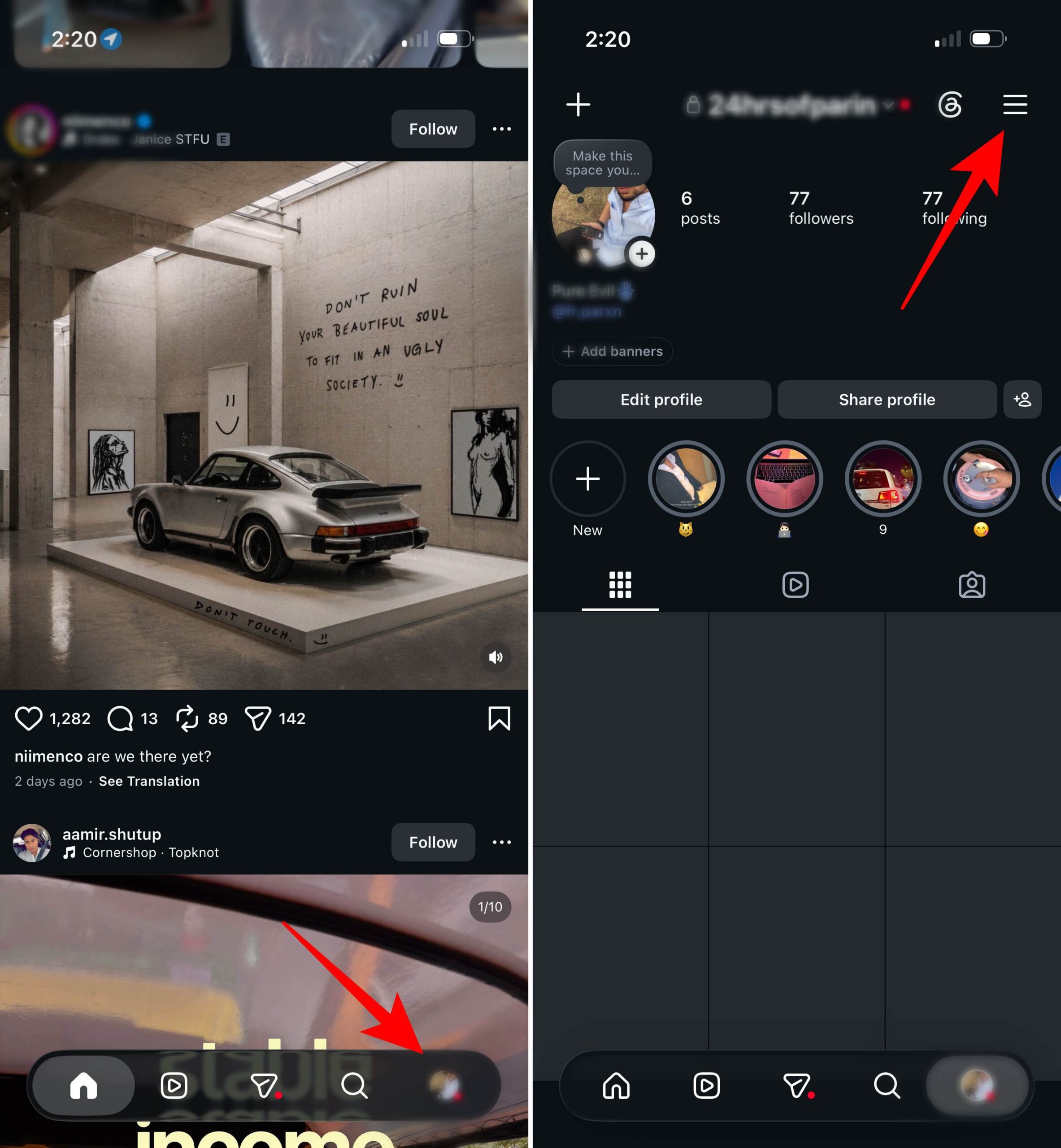 Tap your profile picture and tap on three-line menu