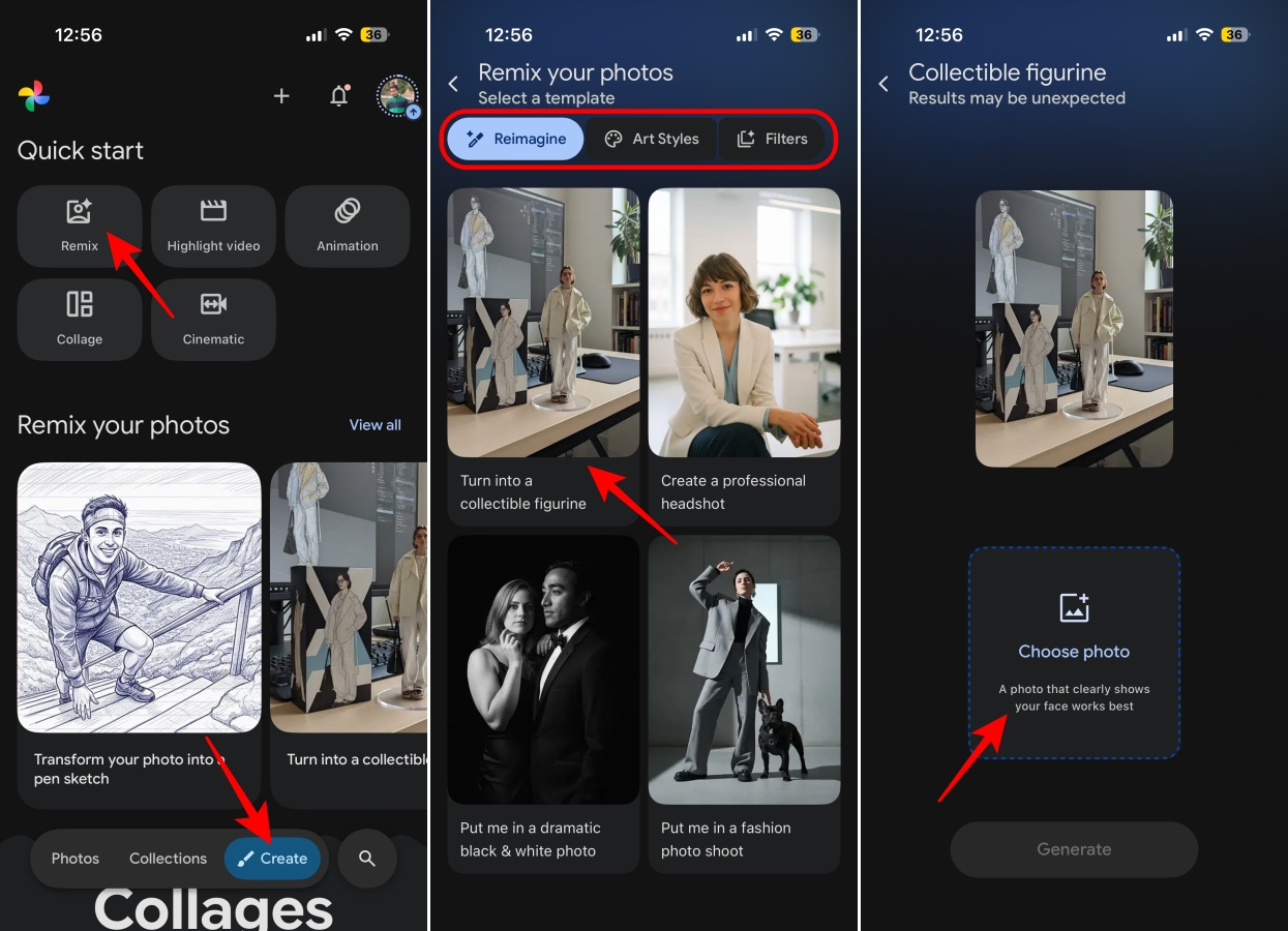 Using Google Photos Remix to select a category and apply a template