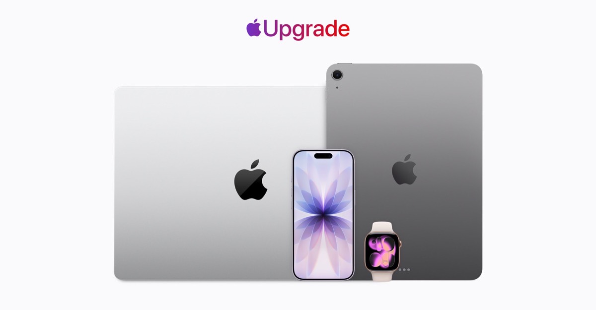 Apple Upgrade logo above an iPhone, Apple Watch, MacBook, and iPad