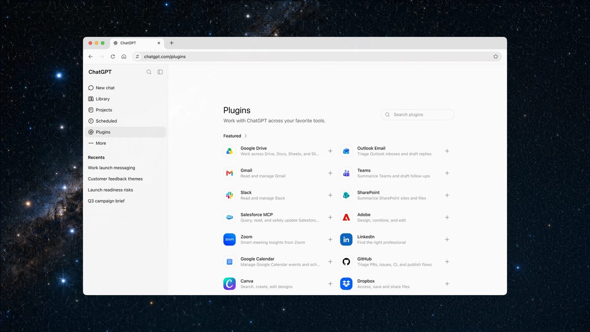 ChatGPT plugins directory showing connected tools including Google Drive, Gmail, Slack, Teams, and SharePoint