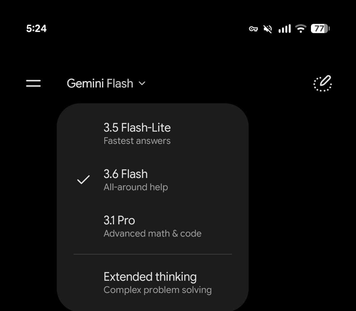 Gemini model picker showing the direct Extended thinking option