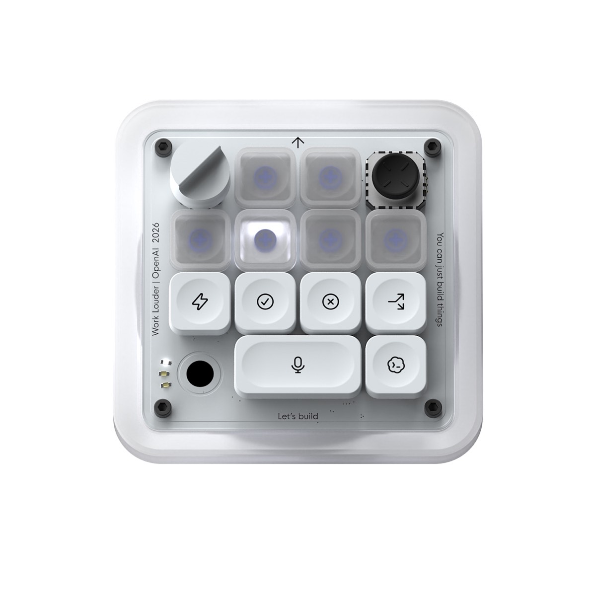Top view of the OpenAI Codex Micro controls and RGB agent keys