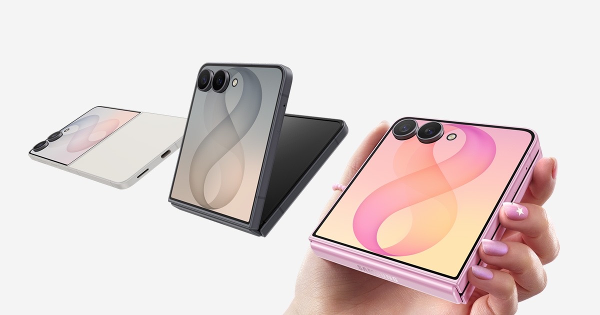 Pink Samsung Galaxy Z Flip8 held in one hand with two other colors behind it