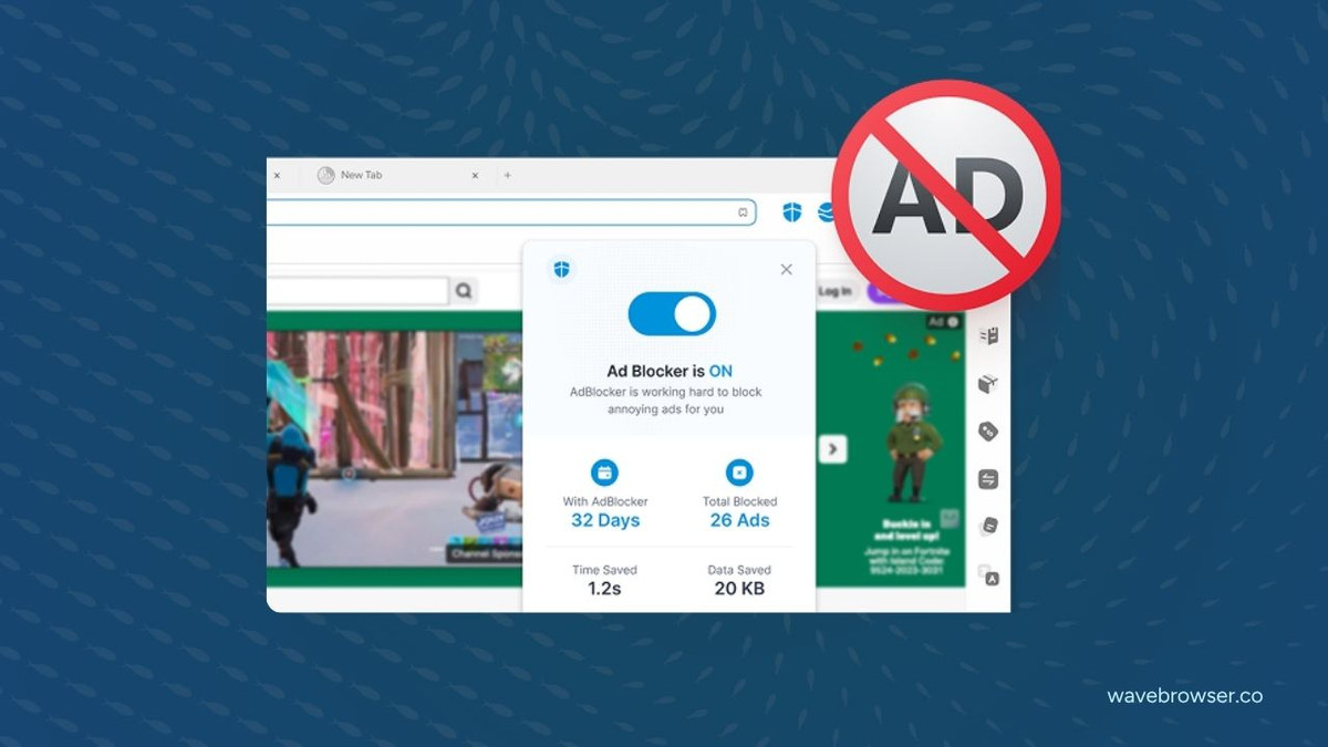 Wave Browser built-in ad blocker enabled on a webpage