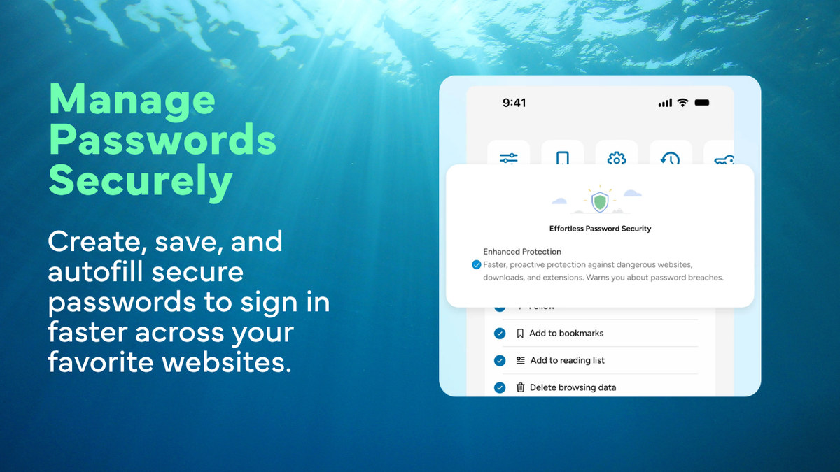 Wave Browser password manager and enhanced protection settings on iPhone