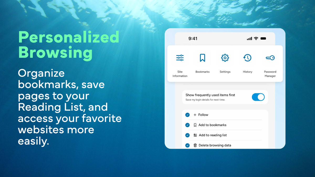 Wave Browser bookmark, history, settings, and reading list controls on iPhone