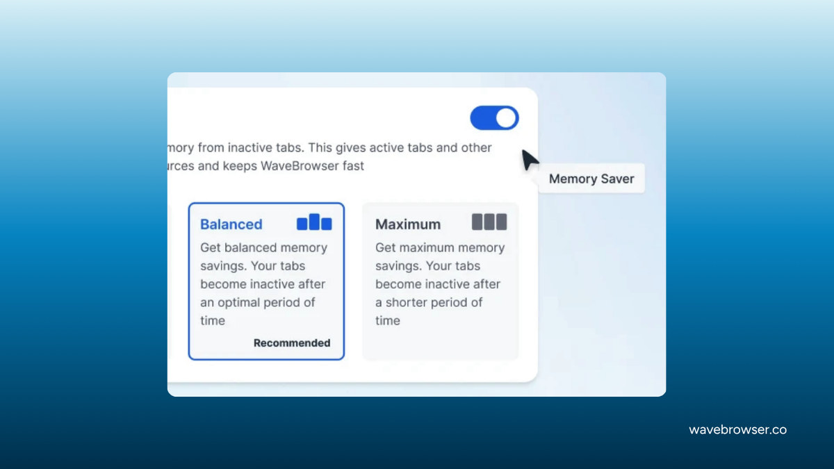 Wave Browser Memory Saver settings with Balanced and Maximum modes