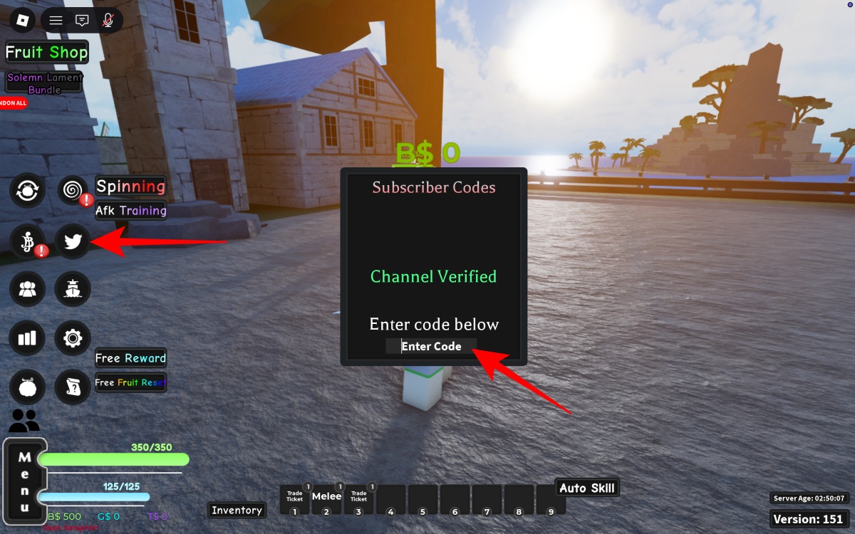 A One Piece Game code redemption screen