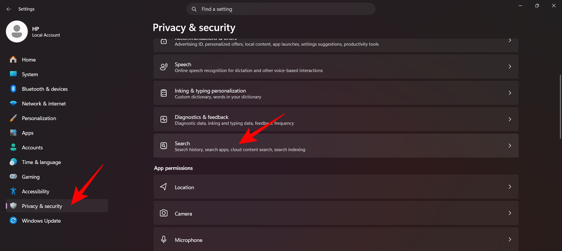 Click Privacy & security then select Search
