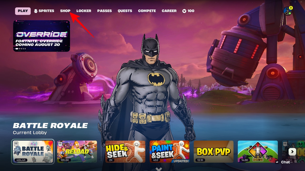 Fortnite Shop tab on the main menu