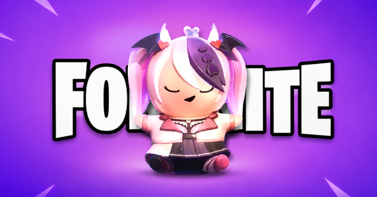 Chibi Fortnite character with pink hair sits in front of a bold 'FORTNITE' title on a purple background.