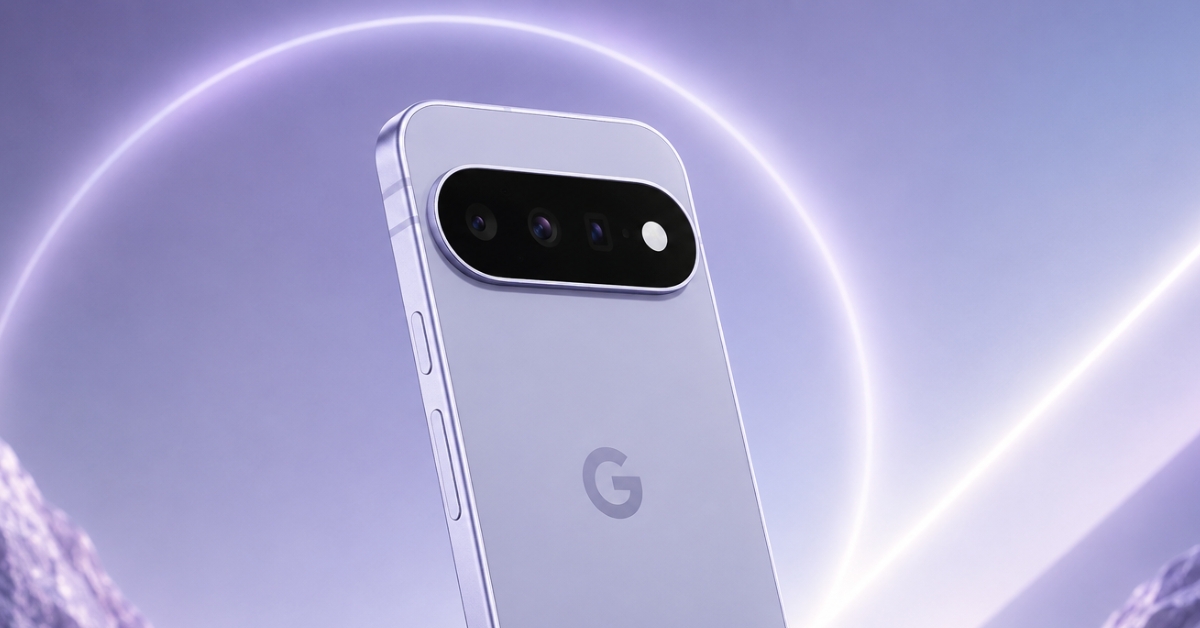 Back of a silver Google Pixel phone showing its horizontal triple-camera bar with a glowing purple backdrop.