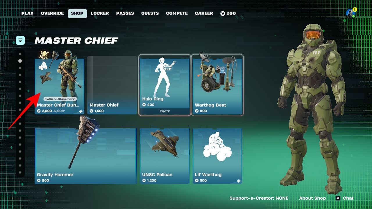 Master Chief section displayed in the Fortnite Shop.