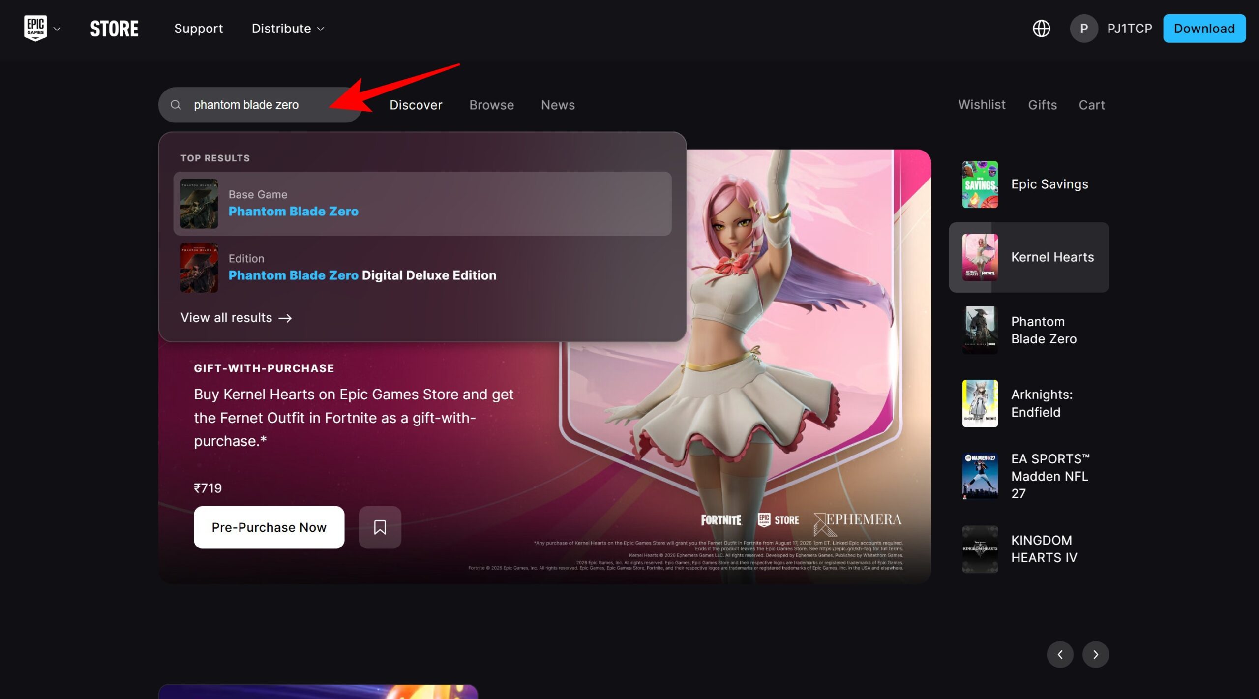 Search bar in Epic games store
