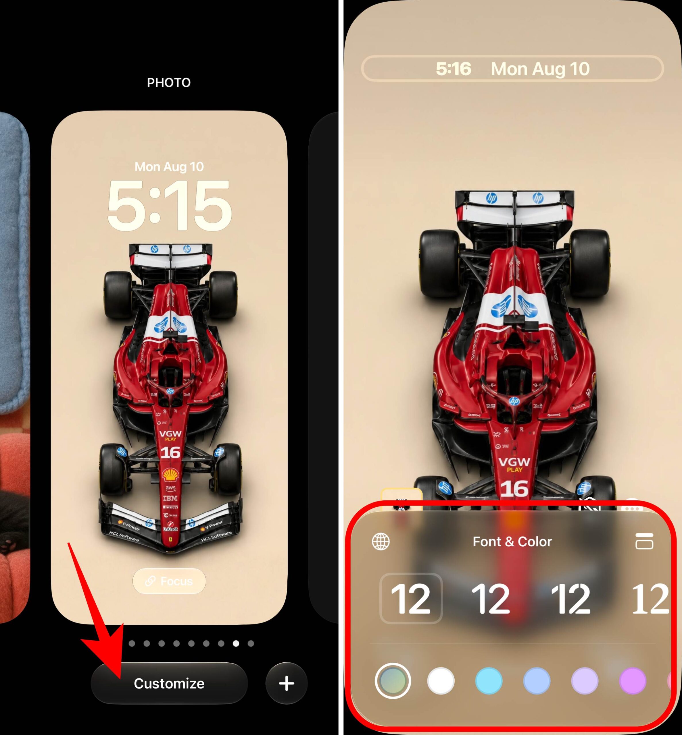 Tap the clock to open the Font & Color panel