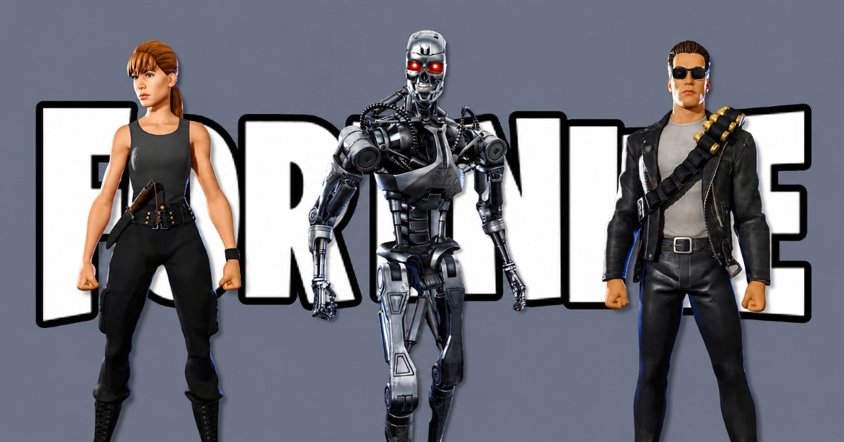 Lineup of three action figures: Lara Croft (left), a metallic Terminator robot (center), and a leather-clad male figure (right) with bold white text behind them.