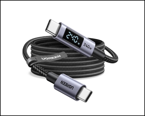 UGREEN USB-C to USB-C braided charging cable with digital power readout on the connector (shows 24W).