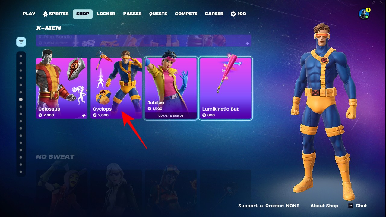 X Men section with character skins