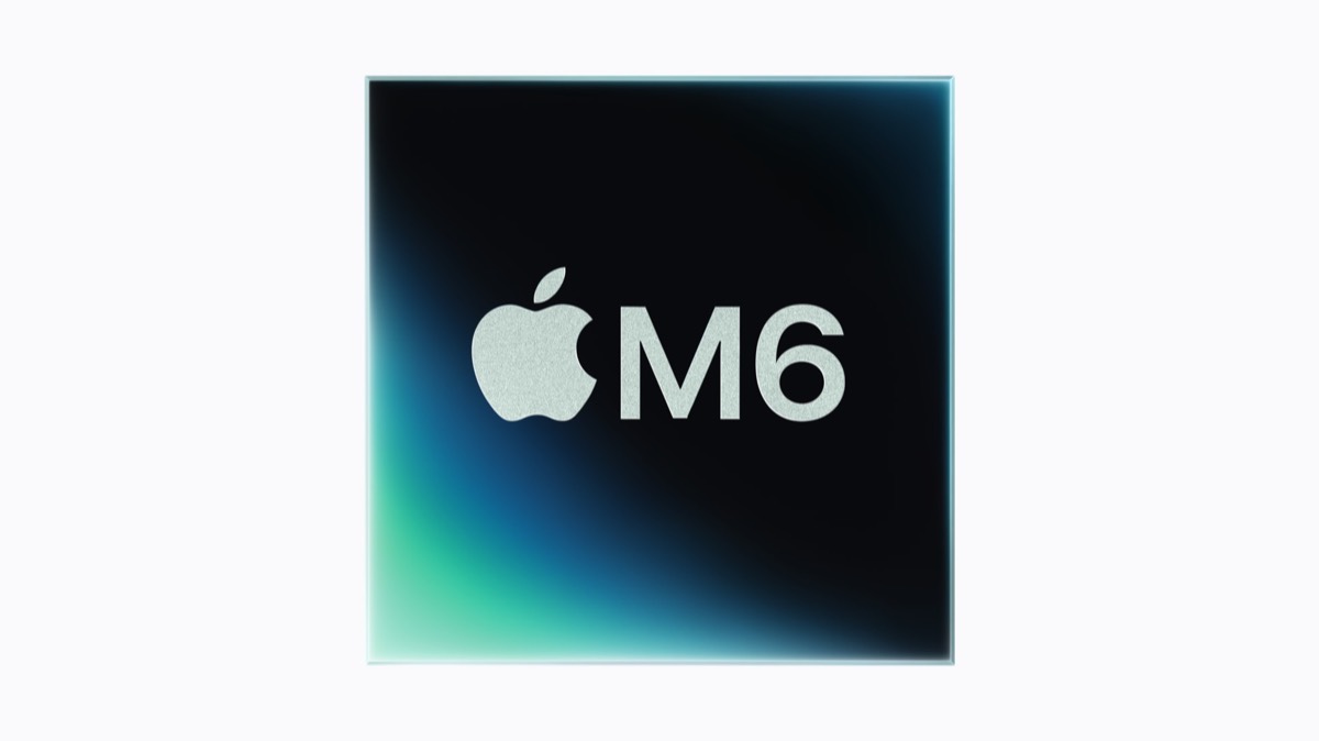 Square gradient graphic featuring an Apple logo with the text 'M6' in pale, textured letters against a dark background with a cyan glow edge.