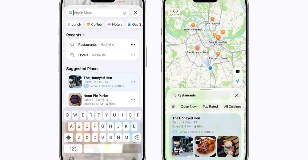 Two iPhones show a sponsored business in Apple Maps Suggested Places and search results