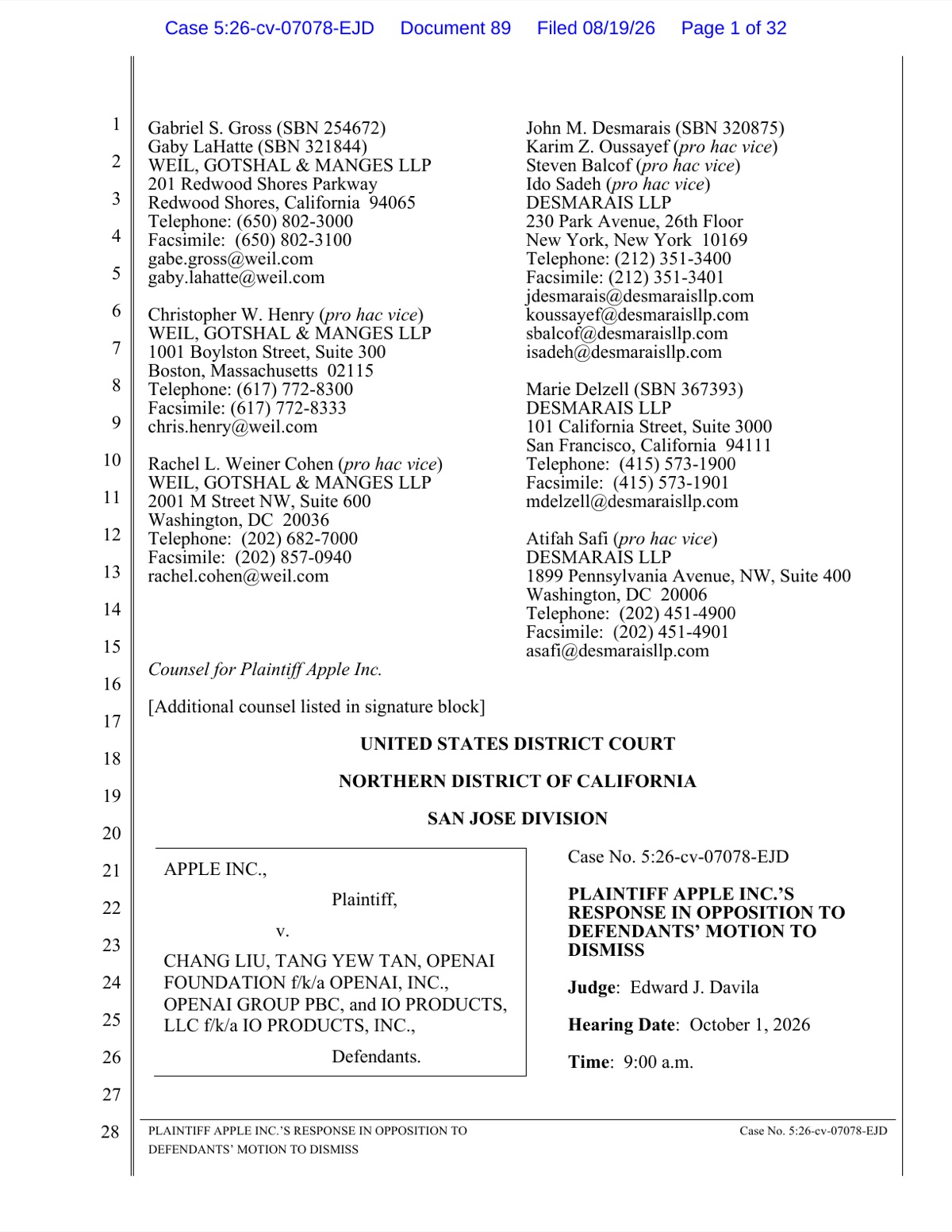 First page of Apple's opposition to OpenAI's motion to dismiss