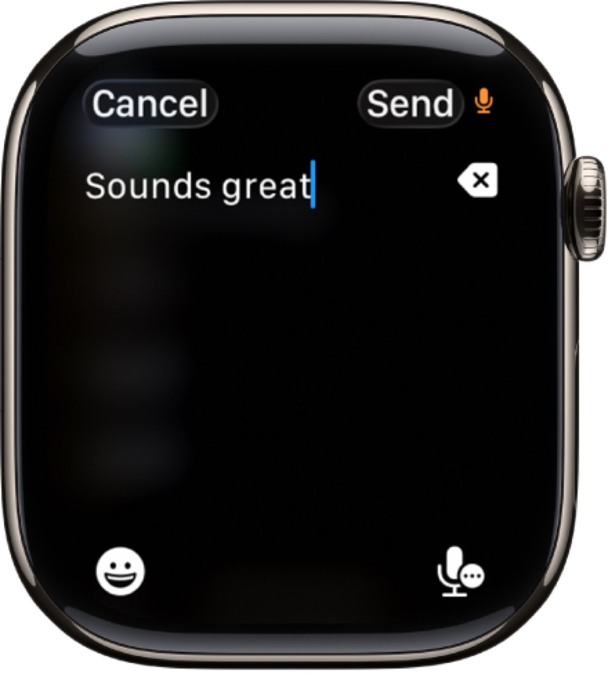 Apple Watch reply screen showing dictated text ready to send