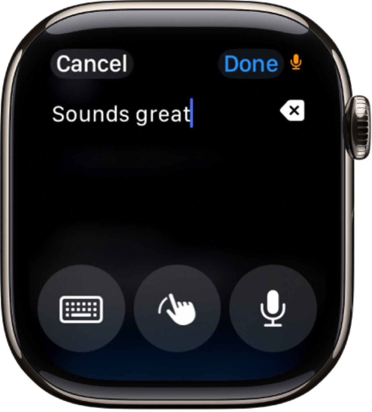 Apple Watch text-entry screen with dictation, Scribble, and keyboard controls